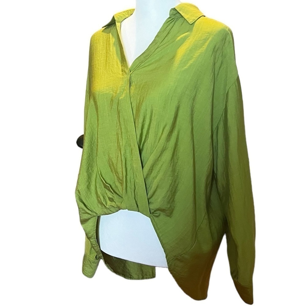 RACHEL ZOE Faux Wrap Hi-Lo Blouse in Chartreuse SZ M - Picture 3 of 4
